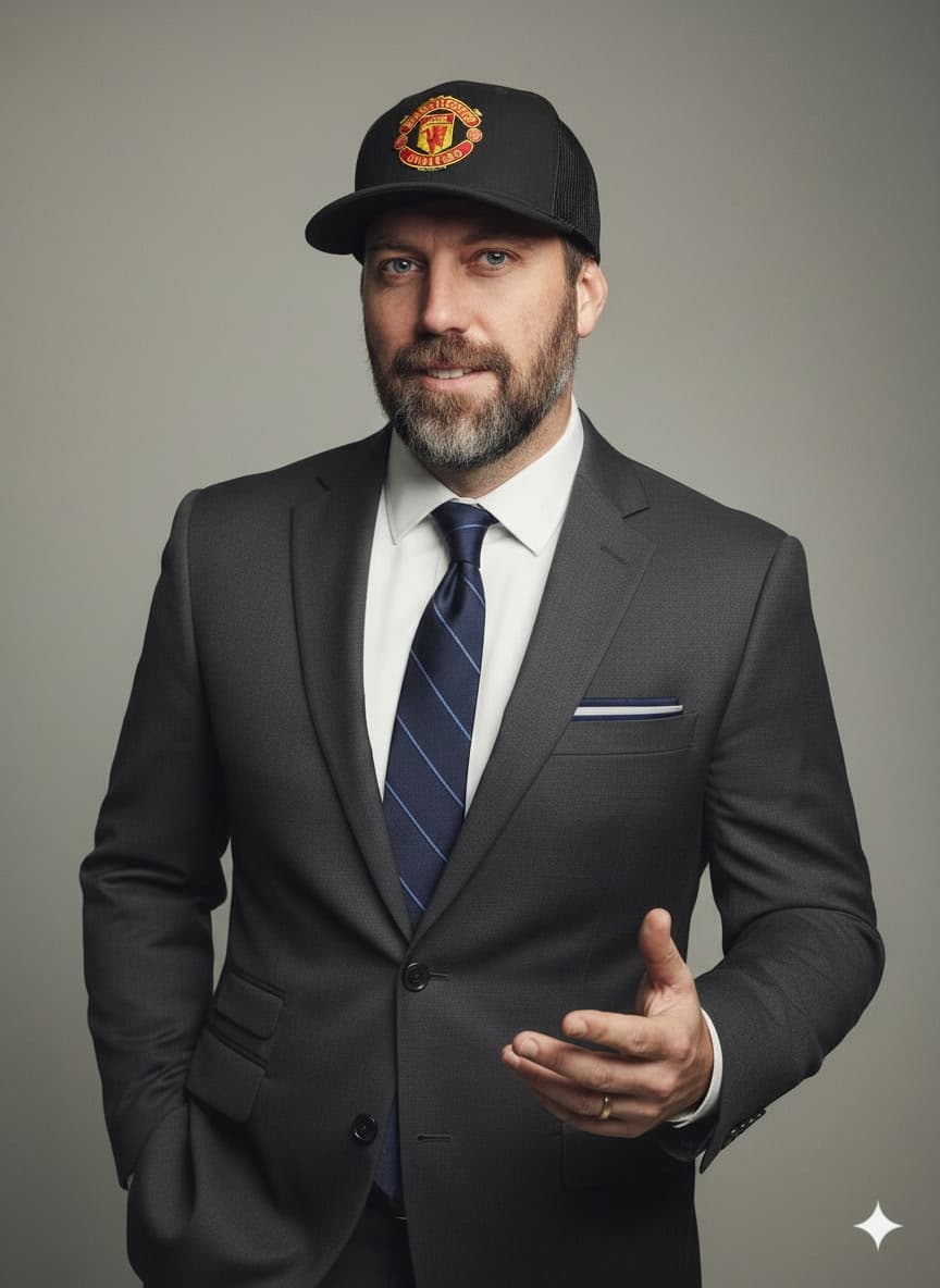 Marc Kennedy wearing a Manchester United jersey under a suit jacket