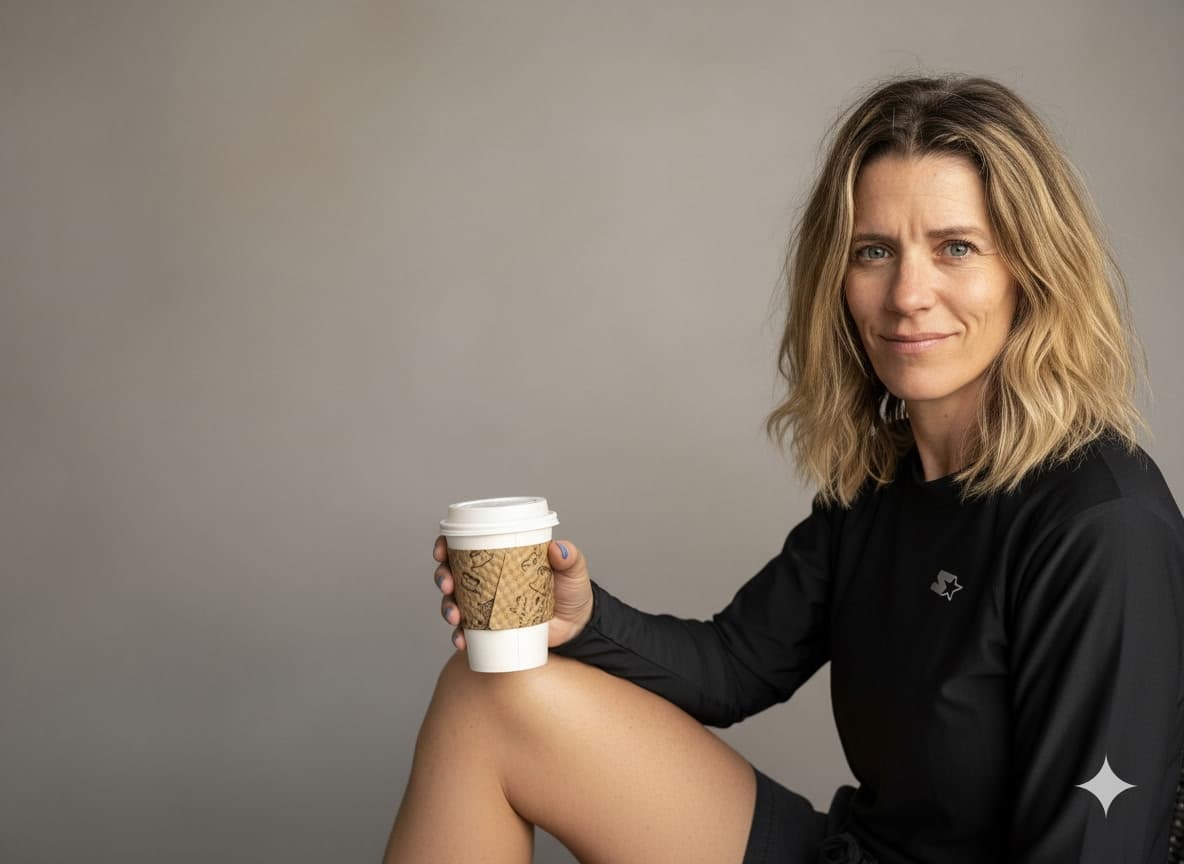 Tomi Kennedy holding a coffee cup, looking at the camera