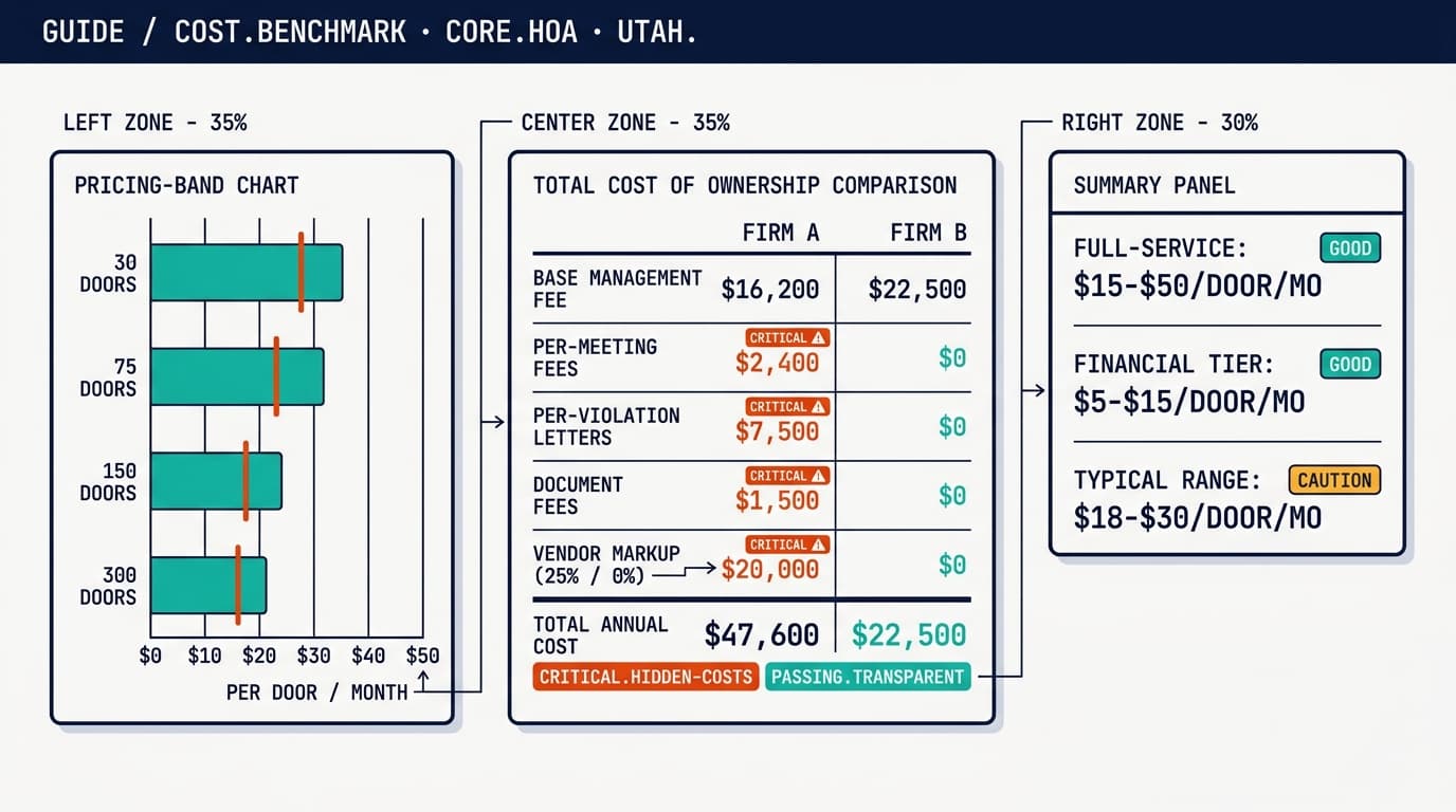 Pricing-band chart by community size from 30 to 300 doors with median tick marks, a total cost of ownership comparison table contrasting two firms with hidden ancillary fees, and a summary panel showing typical Utah ranges.