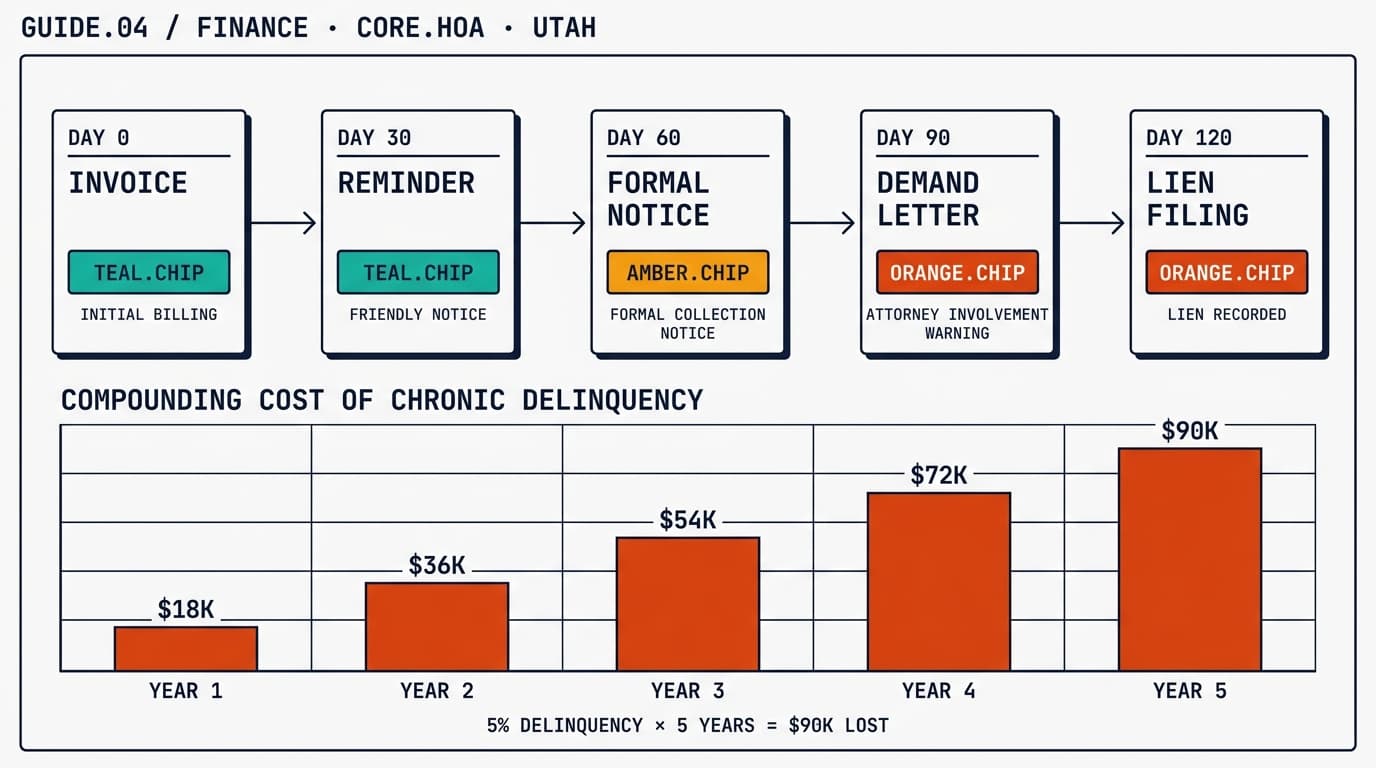Collections rhythm timeline showing five stages from invoice through lien filing, with severity escalating from teal through amber to orange. Below, a compounding-cost bar chart showing 5-percent chronic delinquency growing from 18 thousand dollars to 90 thousand dollars over five years.