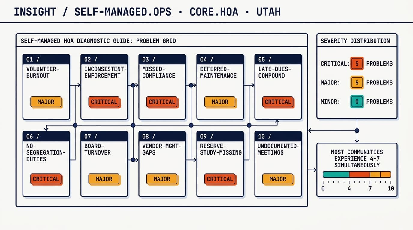 Ten-cell grid of common self-managed HOA problems, each labeled and tagged CRITICAL or MAJOR, with a sidebar summarizing the severity distribution and a note that most communities experience four to seven simultaneously.