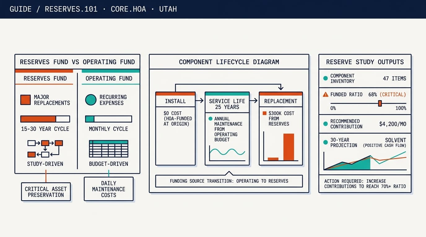 Reserves-versus-operating funds comparison, a single-component lifecycle diagram showing install through 25-year service life through replacement, and a reserve study output summary card with funded ratio and recommended contribution.