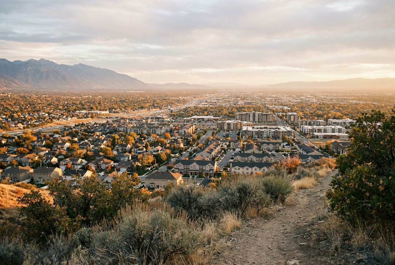 Wide cinematic view of the Salt Lake Valley from the foothills above Cottonwood Heights at golden hour, suburban density visible across the valley floor with the Wasatch Range in the distance