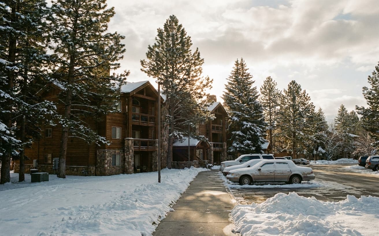 Condo building near the mouth of Big Cottonwood Canyon, with pine trees and snow at the curb