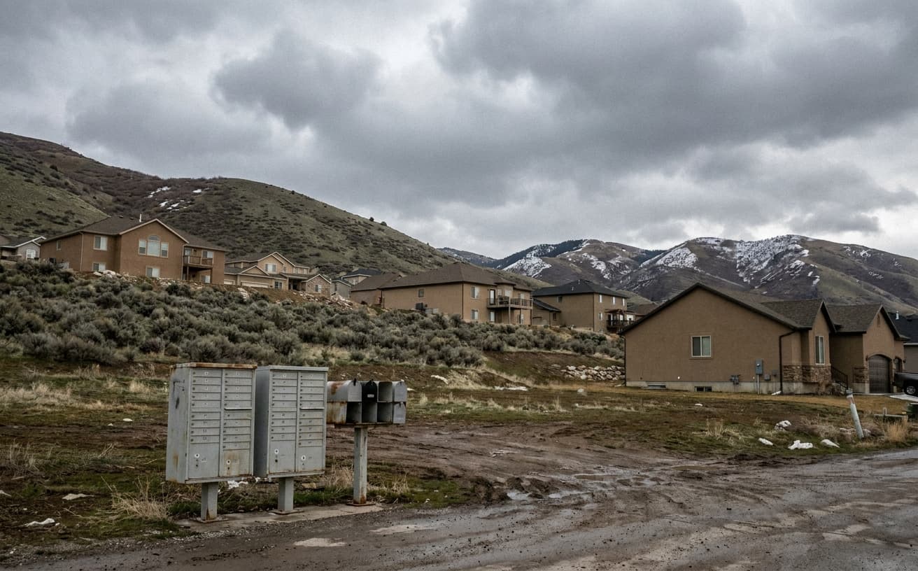 Hillside subdivision in Draper, Utah, with stucco homes climbing a foothill and a community mailbox cluster