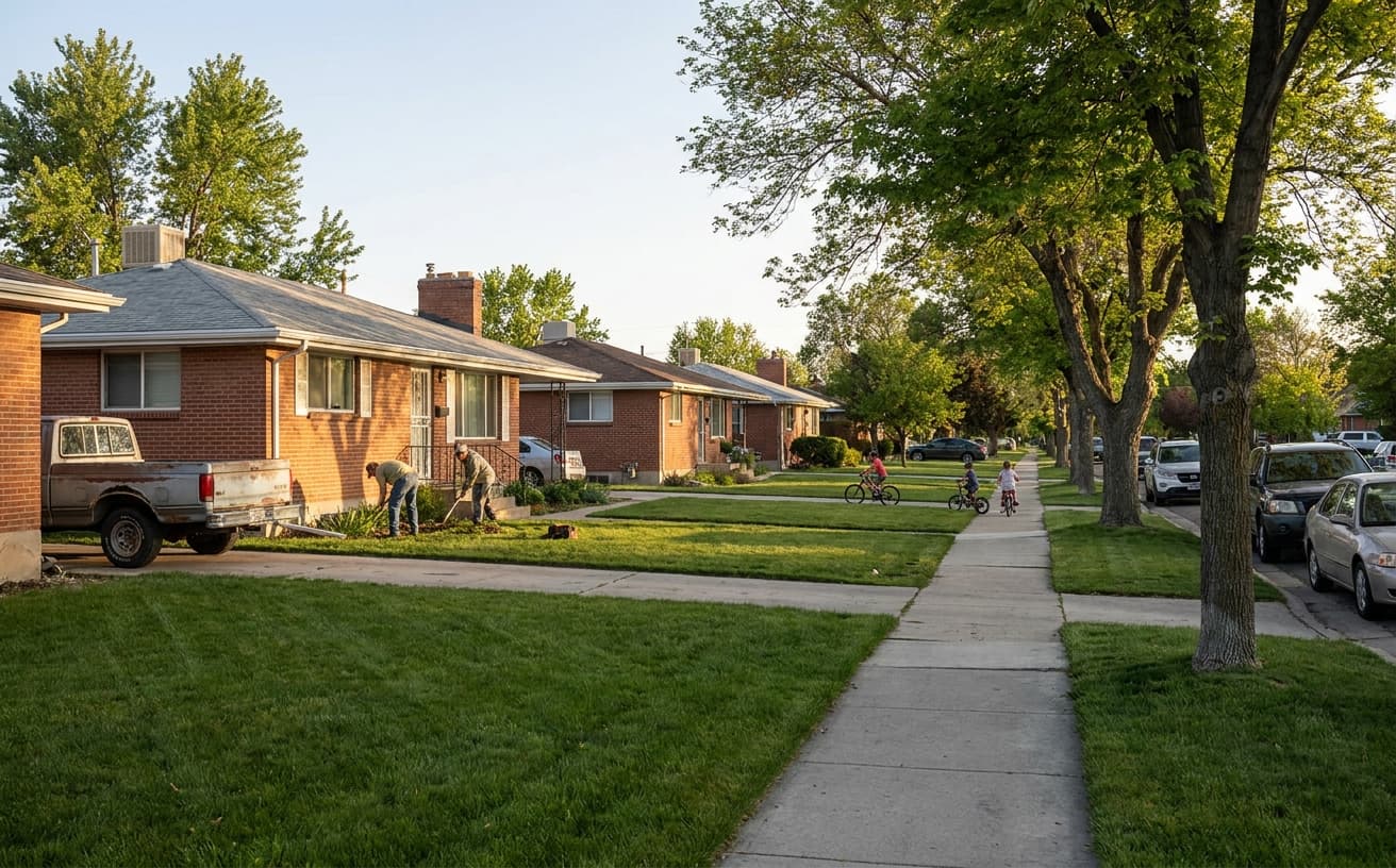 Mid-valley single-family HOA street in Midvale, Taylorsville, or Kearns with modest mid-century homes