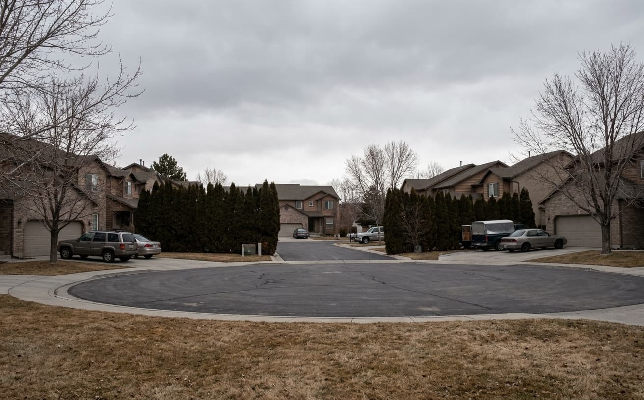 Townhome community along a Pepperwood corridor in Sandy, Utah, with mature spruce hedges