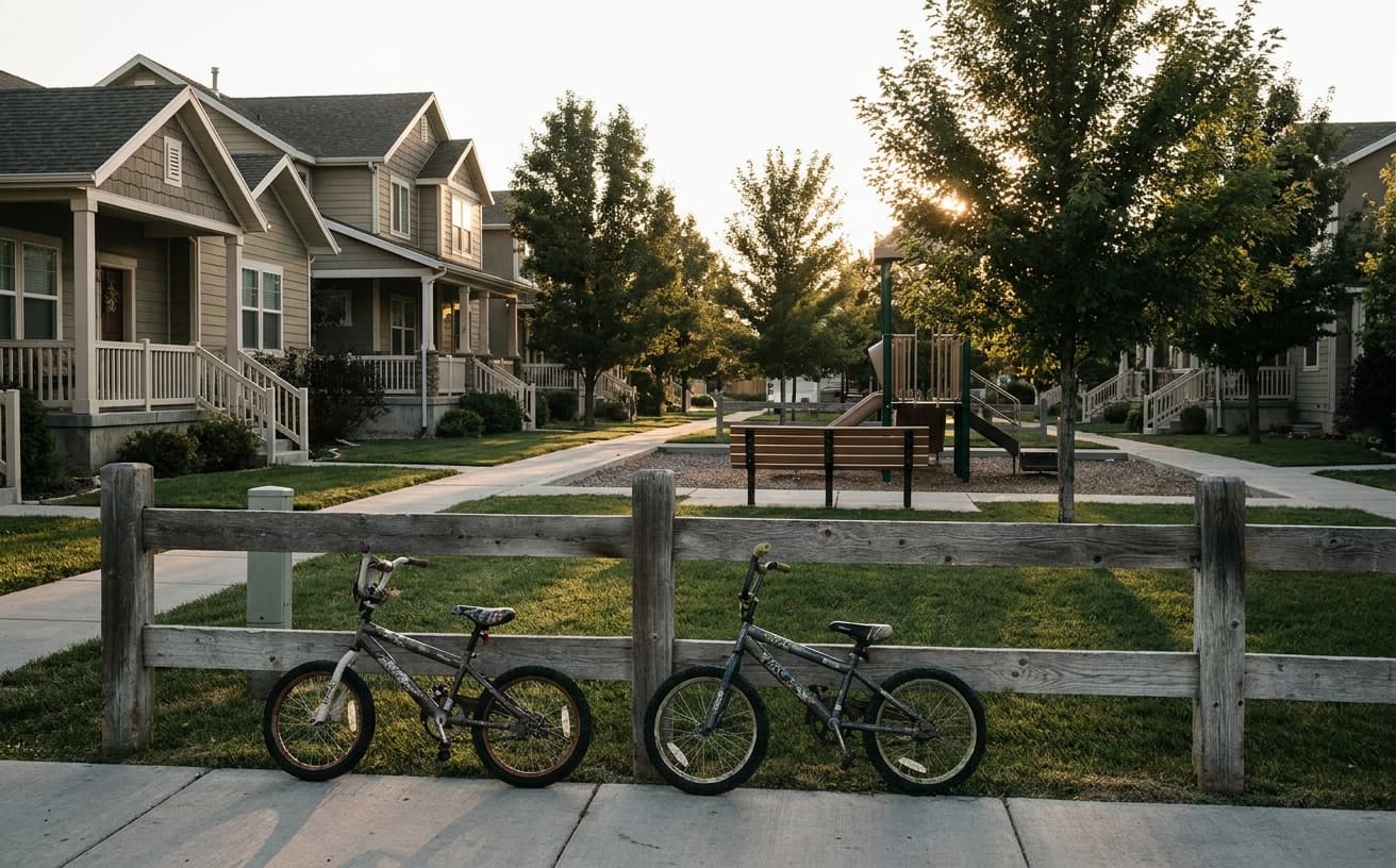 Daybreak-style master-planned street in South Jordan, Utah, with neotraditional architecture and a pocket park