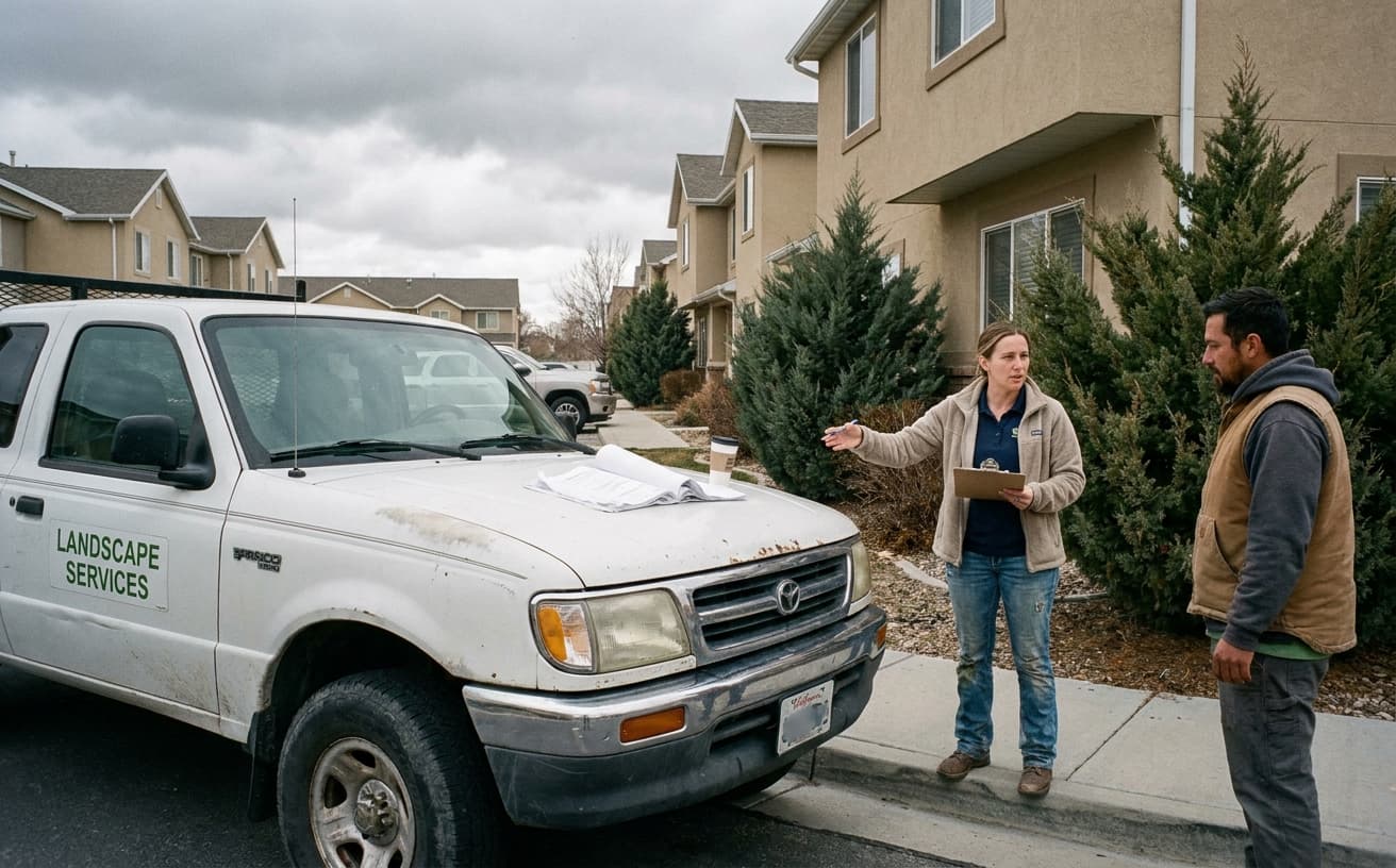 Documentary photograph of a community manager on a vendor walk at a Salt Lake Valley townhome property